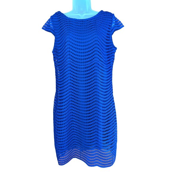 Alya Dress Womens L Blue Sleeveless Crochet Lace Overlay Scoop Back Shift Career - Picture 1 of 16